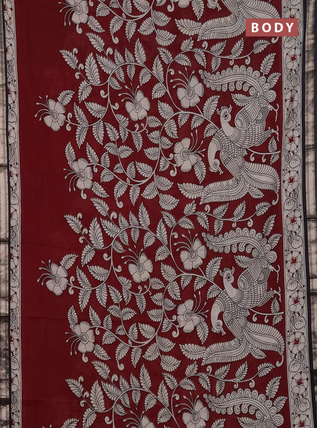 Muslin silk saree deep maroon and black with allover kalamkari prints and zari woven border