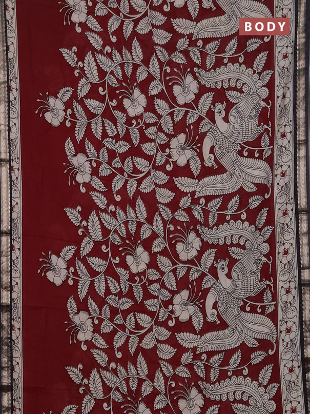 Muslin silk saree deep maroon and black with allover kalamkari prints and zari woven border