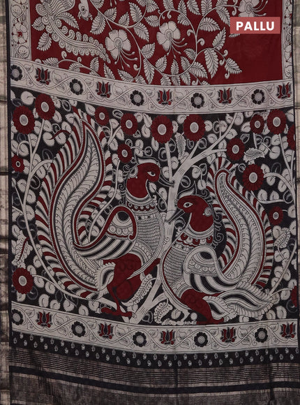 Muslin silk saree deep maroon and black with allover kalamkari prints and zari woven border