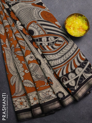 Muslin silk saree mustard yellow and black with allover kalamkari prints and zari woven border