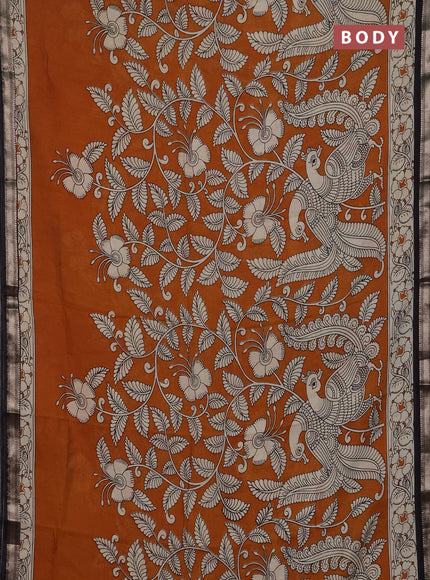 Muslin silk saree mustard yellow and black with allover kalamkari prints and zari woven border