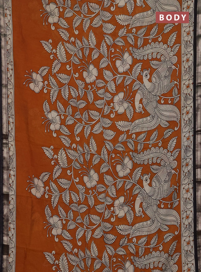 Muslin silk saree mustard yellow and black with allover kalamkari prints and zari woven border