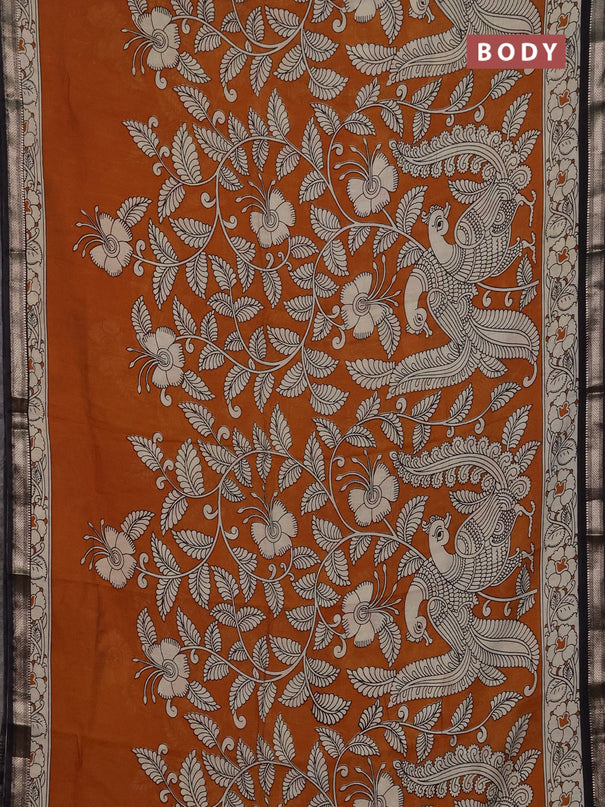 Muslin silk saree mustard yellow and black with allover kalamkari prints and zari woven border