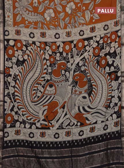 Muslin silk saree mustard yellow and black with allover kalamkari prints and zari woven border