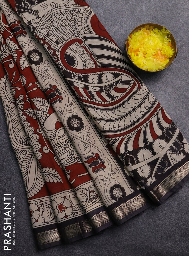 Muslin silk saree rustic maroon and black with allover kalamkari prints and zari woven border