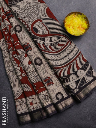 Muslin silk saree rustic maroon and black with allover kalamkari prints and zari woven border