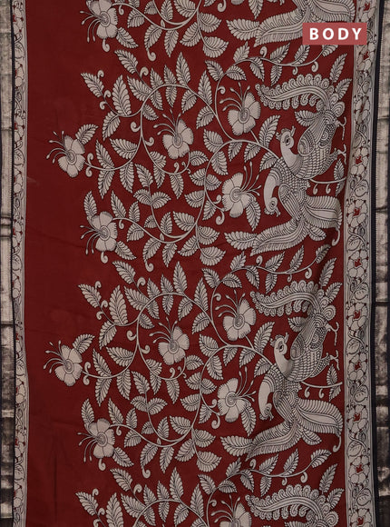 Muslin silk saree rustic maroon and black with allover kalamkari prints and zari woven border