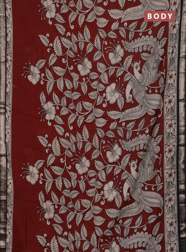 Muslin silk saree rustic maroon and black with allover kalamkari prints and zari woven border
