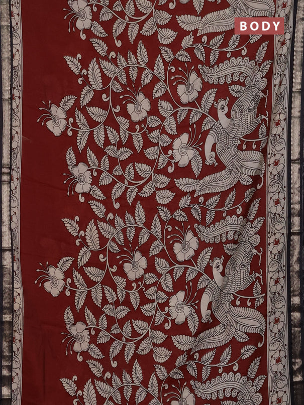 Muslin silk saree rustic maroon and black with allover kalamkari prints and zari woven border