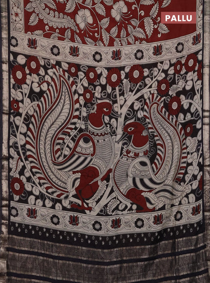 Muslin silk saree rustic maroon and black with allover kalamkari prints and zari woven border