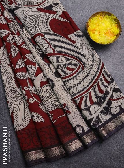 Muslin silk saree deep maroon and black with allover kalamkari prints and zari woven border