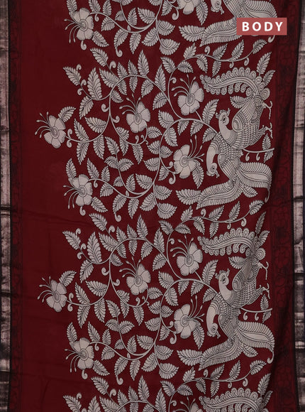 Muslin silk saree deep maroon and black with allover kalamkari prints and zari woven border