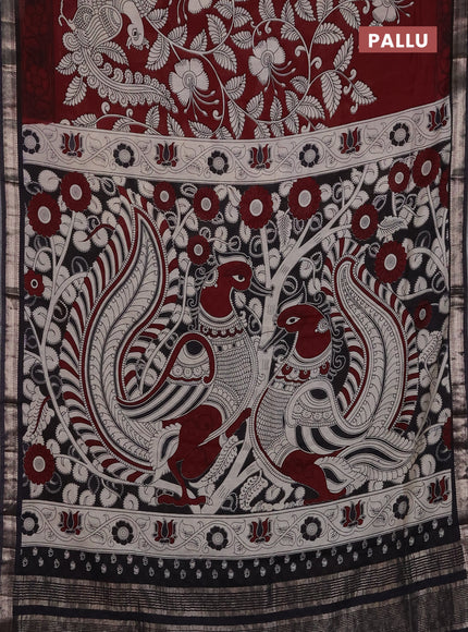 Muslin silk saree deep maroon and black with allover kalamkari prints and zari woven border