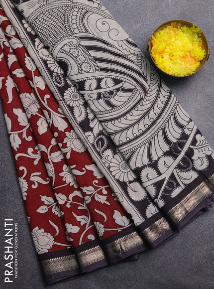 Muslin silk saree deep maroon and black with allover kalamkari prints and zari woven border