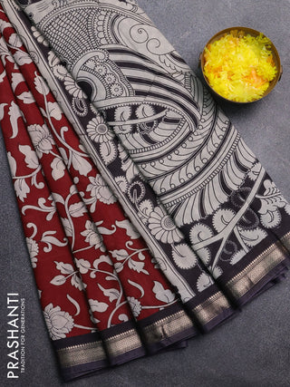 Muslin silk saree deep maroon and black with allover kalamkari prints and zari woven border