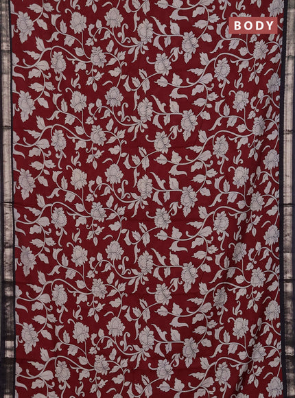 Muslin silk saree deep maroon and black with allover kalamkari prints and zari woven border