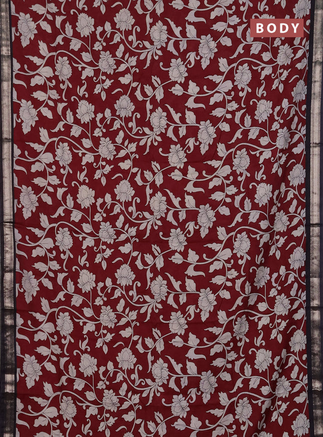Muslin silk saree deep maroon and black with allover kalamkari prints and zari woven border