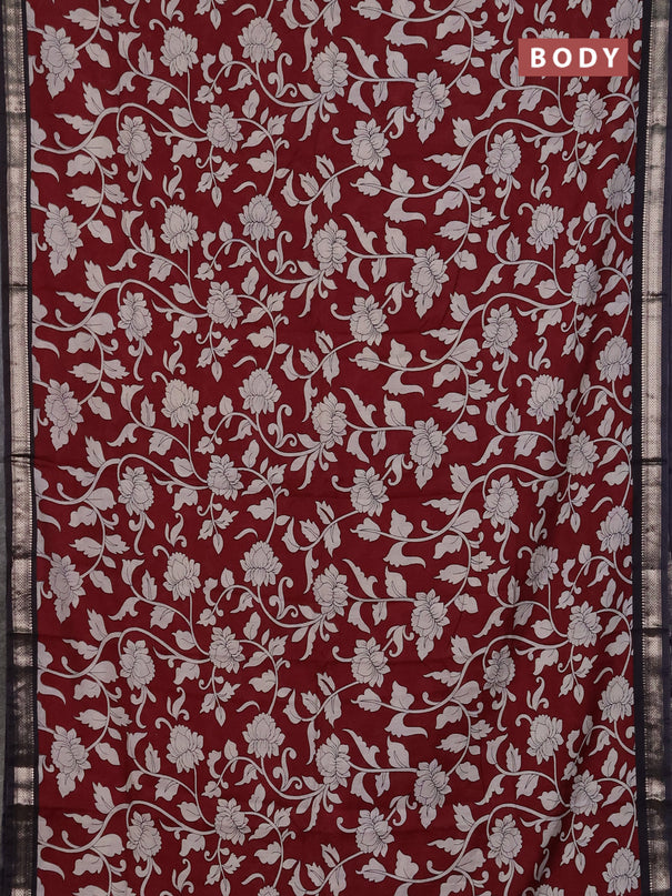 Muslin silk saree deep maroon and black with allover kalamkari prints and zari woven border