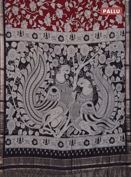 Muslin silk saree deep maroon and black with allover kalamkari prints and zari woven border