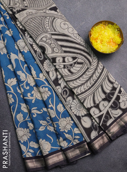 Muslin silk saree peacock blue and black with allover kalamkari prints and zari woven border