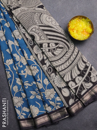 Muslin silk saree peacock blue and black with allover kalamkari prints and zari woven border