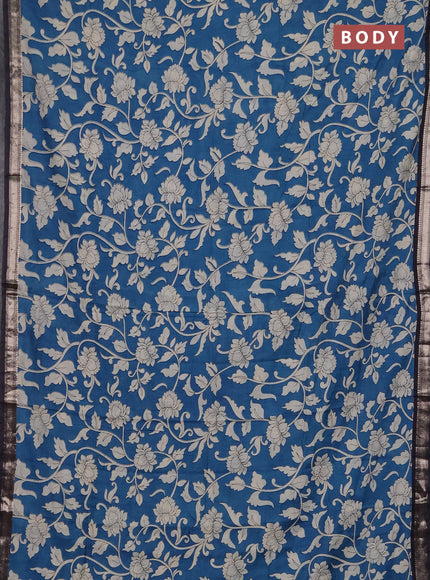 Muslin silk saree peacock blue and black with allover kalamkari prints and zari woven border