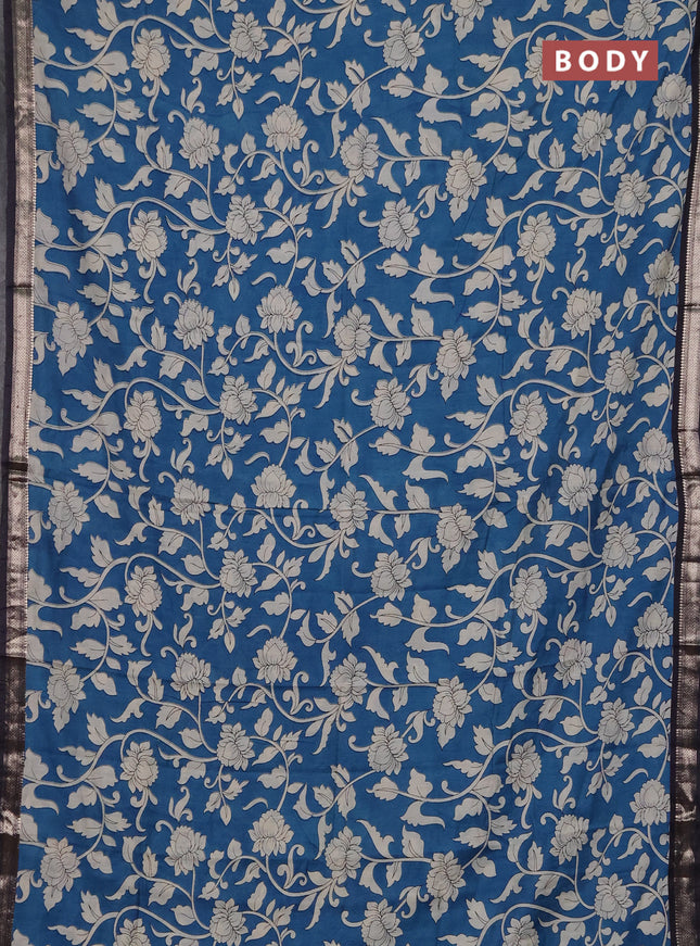 Muslin silk saree peacock blue and black with allover kalamkari prints and zari woven border