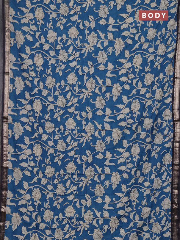Muslin silk saree peacock blue and black with allover kalamkari prints and zari woven border