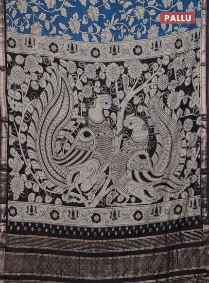 Muslin silk saree peacock blue and black with allover kalamkari prints and zari woven border