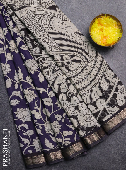Muslin silk saree navy blue and black with allover kalamkari prints and zari woven border