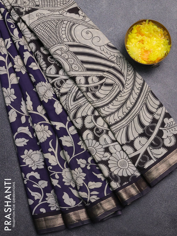 Muslin silk saree navy blue and black with allover kalamkari prints and zari woven border