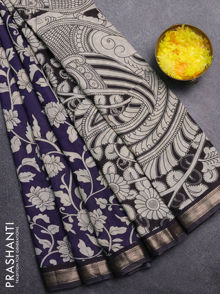 Muslin silk saree navy blue and black with allover kalamkari prints and zari woven border