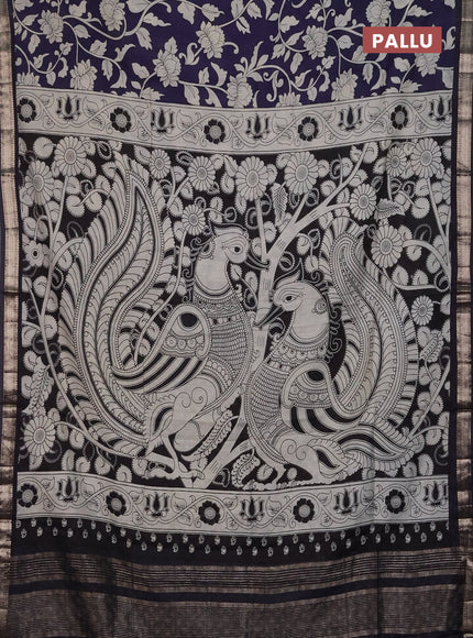 Muslin silk saree navy blue and black with allover kalamkari prints and zari woven border