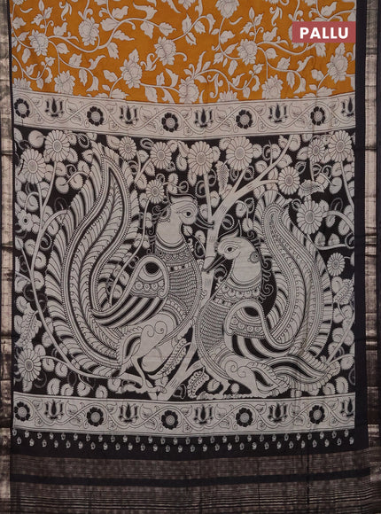 Muslin silk saree mustard yellow and black with allover kalamkari prints and zari woven border
