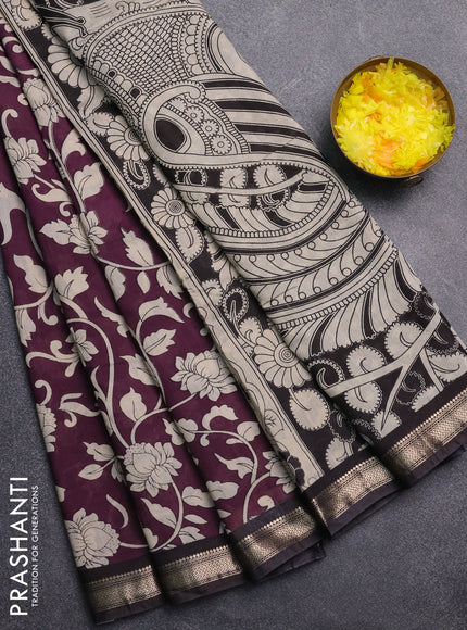 Muslin silk saree wine shade and black with allover kalamkari prints and zari woven border