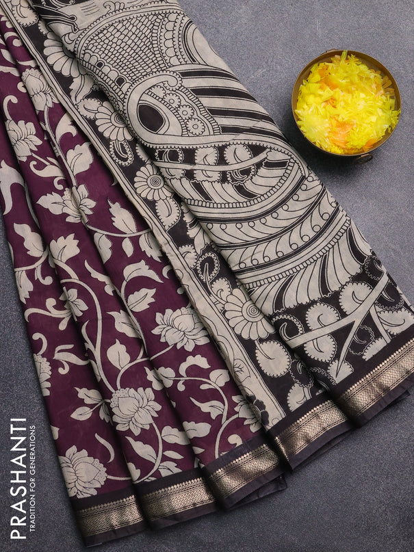 Muslin silk saree wine shade and black with allover kalamkari prints and zari woven border