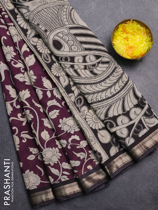 Muslin silk saree wine shade and black with allover kalamkari prints and zari woven border