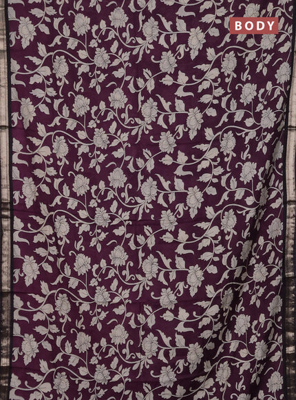 Muslin silk saree wine shade and black with allover kalamkari prints and zari woven border