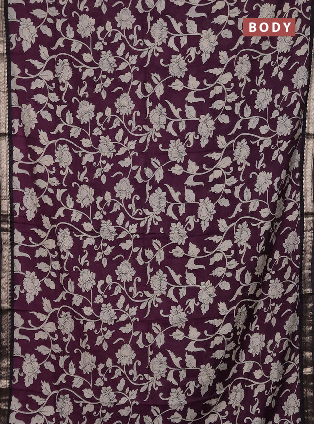 Muslin silk saree wine shade and black with allover kalamkari prints and zari woven border