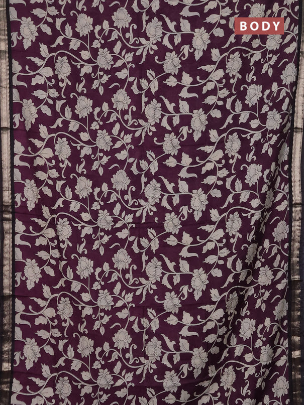 Muslin silk saree wine shade and black with allover kalamkari prints and zari woven border