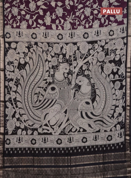 Muslin silk saree wine shade and black with allover kalamkari prints and zari woven border