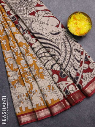 Muslin silk saree mustard yellow and maroon with allover kalamkari prints and zari woven border