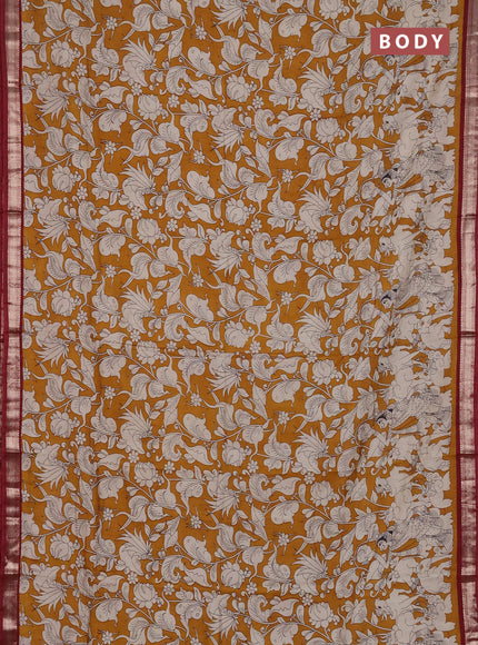 Muslin silk saree mustard yellow and maroon with allover kalamkari prints and zari woven border