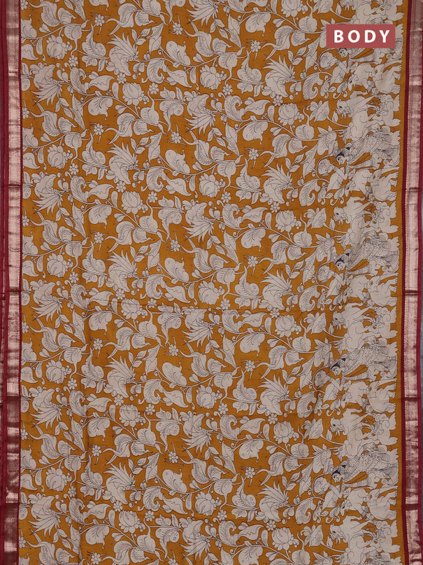 Muslin silk saree mustard yellow and maroon with allover kalamkari prints and zari woven border