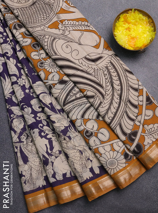 Muslin silk saree jamun shade and dark mustard with allover kalamkari prints and zari woven border