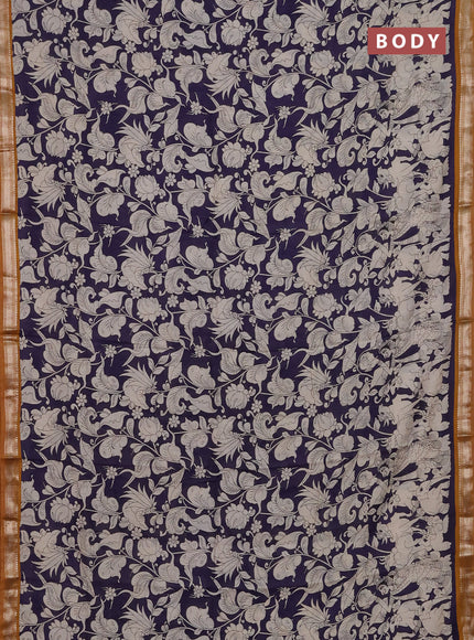 Muslin silk saree jamun shade and dark mustard with allover kalamkari prints and zari woven border