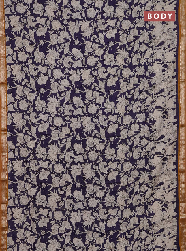 Muslin silk saree jamun shade and dark mustard with allover kalamkari prints and zari woven border