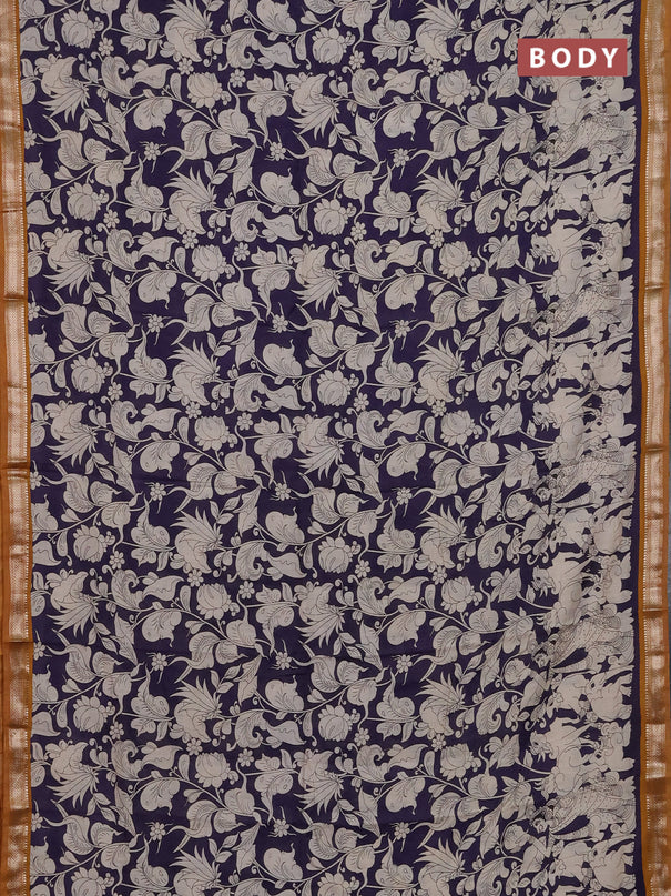 Muslin silk saree jamun shade and dark mustard with allover kalamkari prints and zari woven border