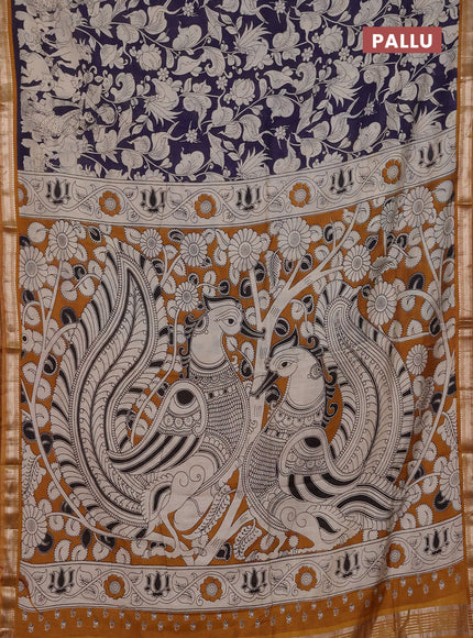 Muslin silk saree jamun shade and dark mustard with allover kalamkari prints and zari woven border
