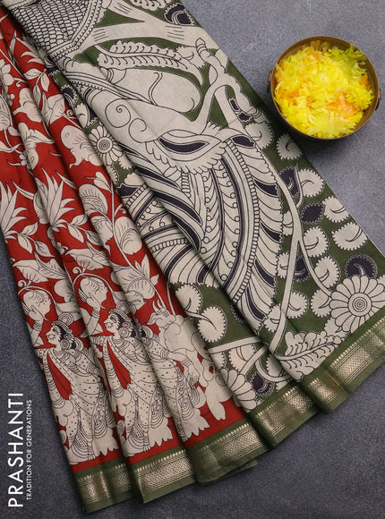 Muslin silk saree rust shade and mehendi green with allover kalamkari prints and zari woven border